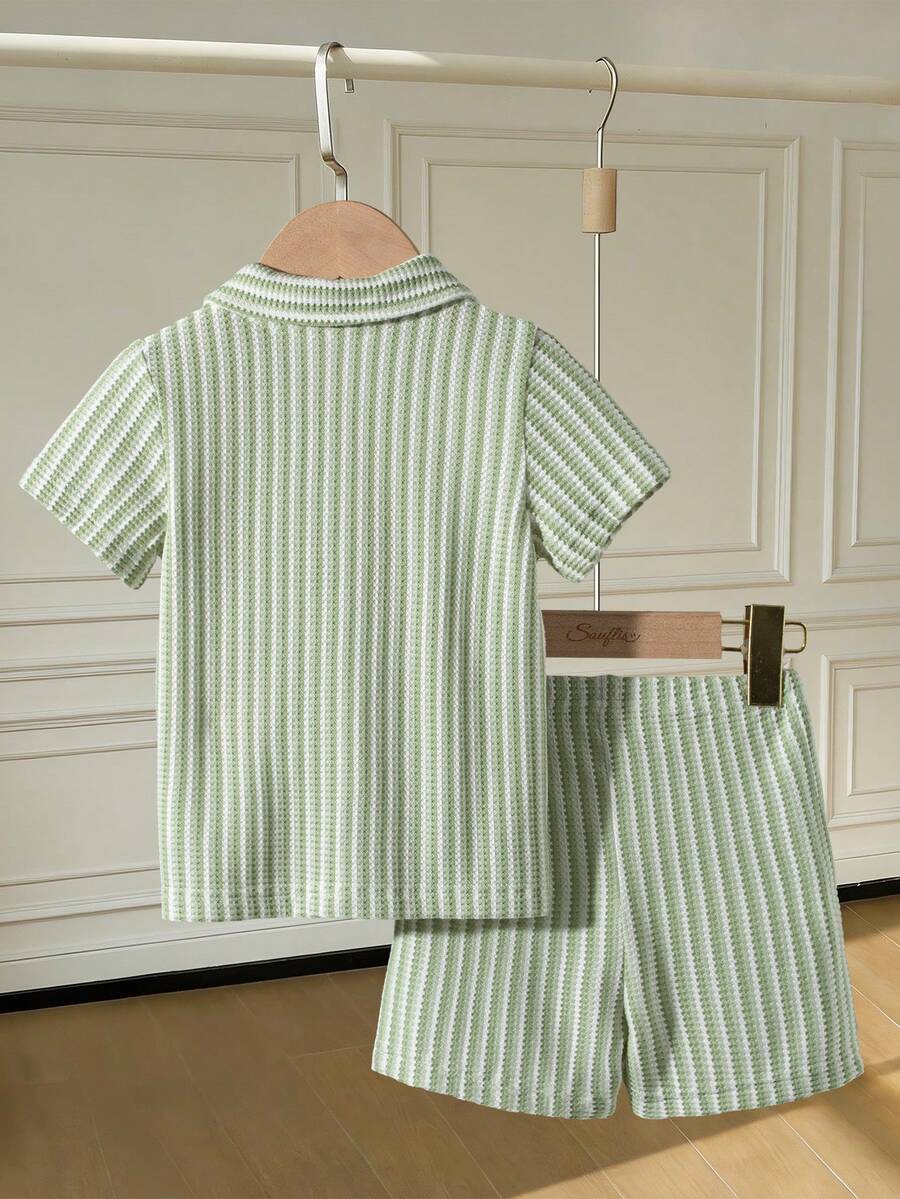 Infant Baby Boy Green White Striped Waffle Knit Polo Shirt and Shorts 2 Piece Casual Outfit Set