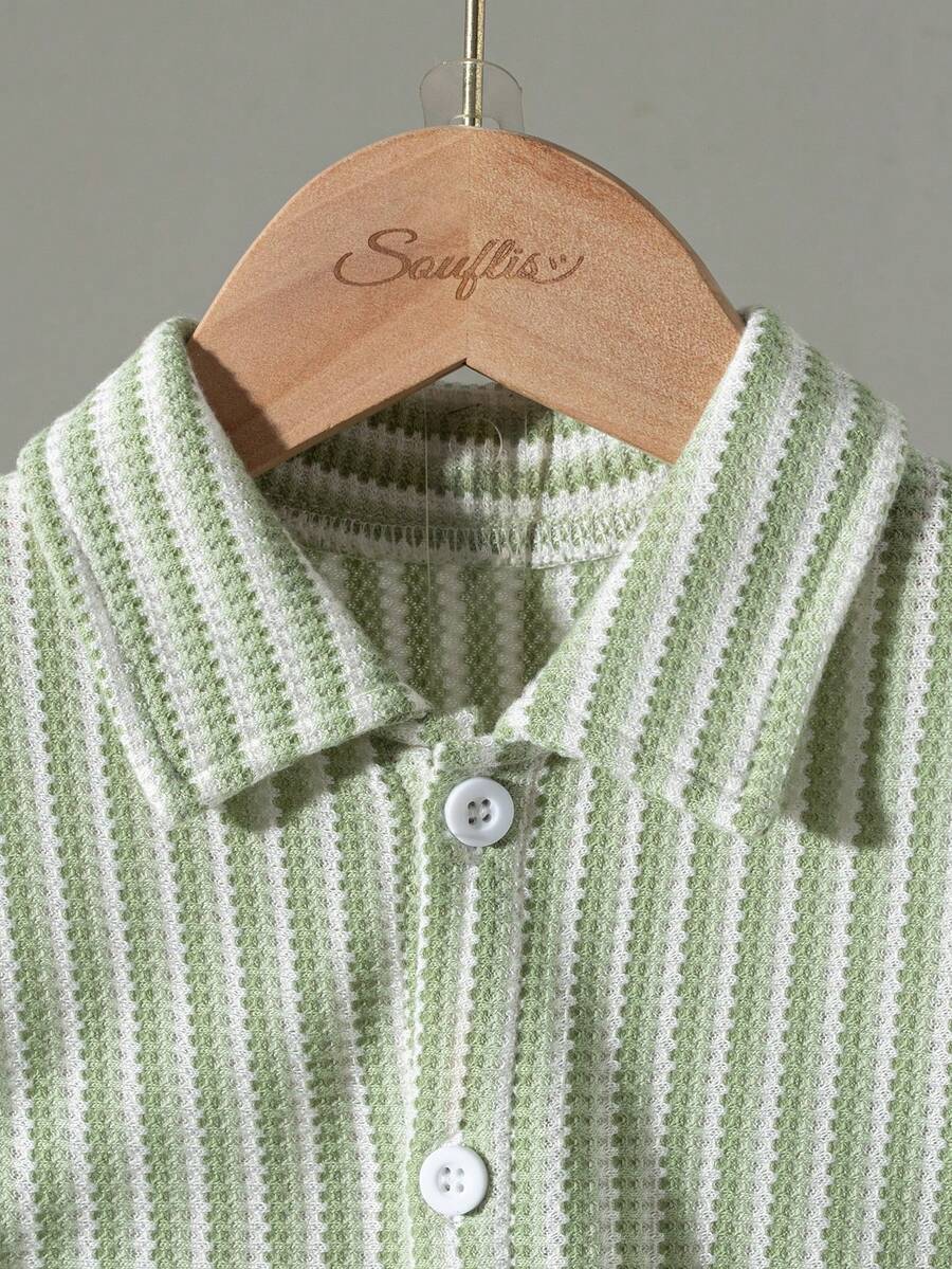 Infant Baby Boy Green White Striped Waffle Knit Polo Shirt and Shorts 2 Piece Casual Outfit Set