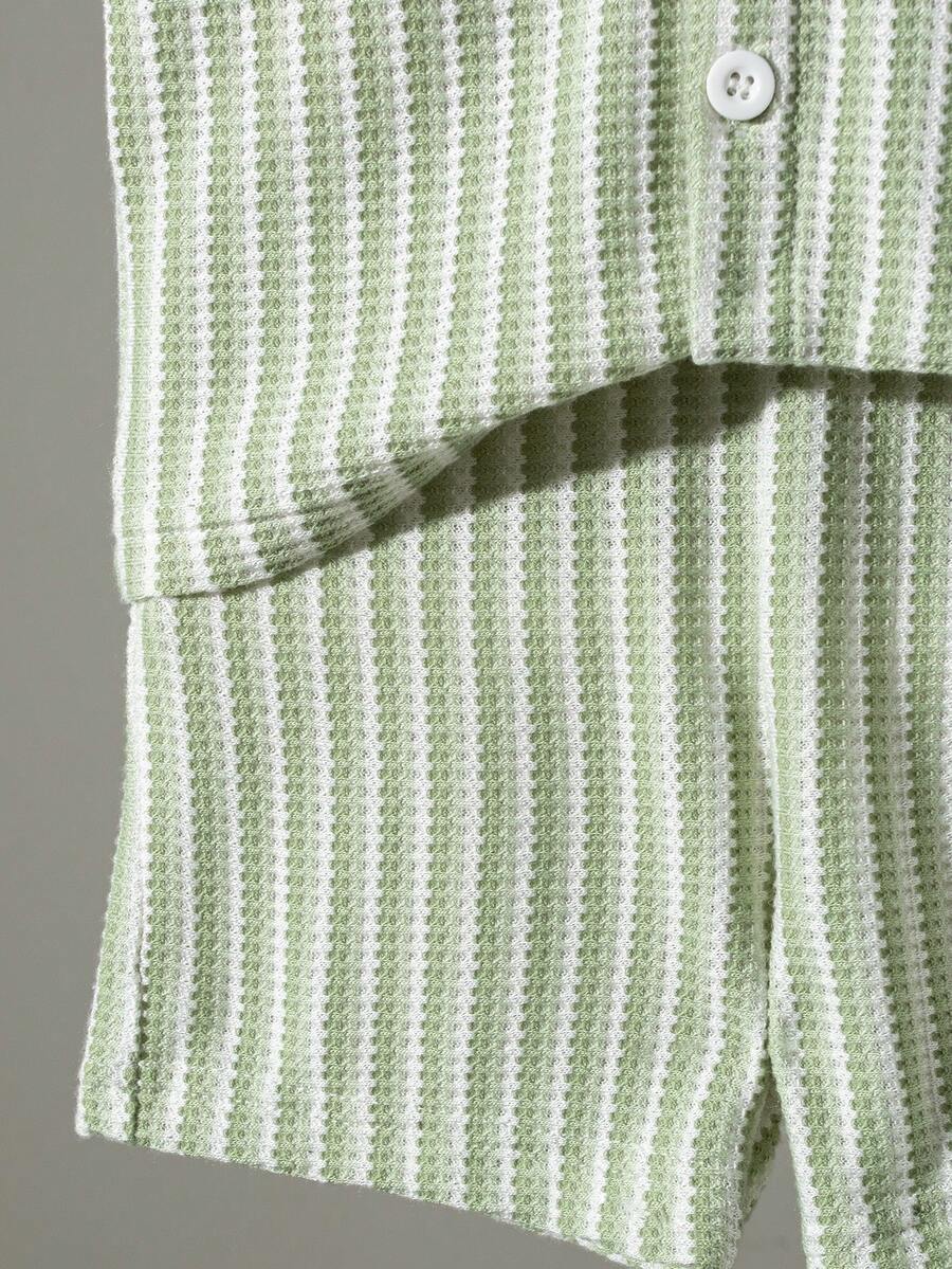 Infant Baby Boy Green White Striped Waffle Knit Polo Shirt and Shorts 2 Piece Casual Outfit Set