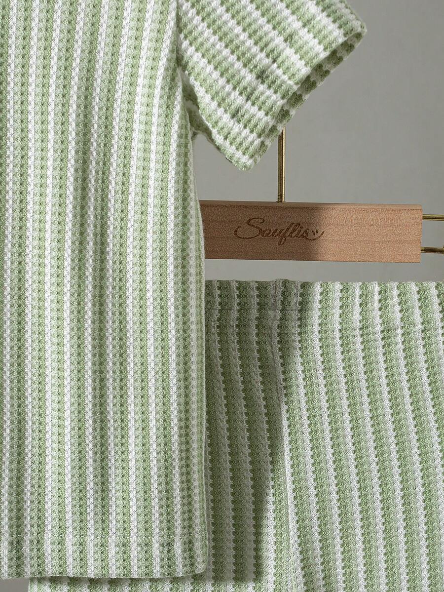 Infant Baby Boy Green White Striped Waffle Knit Polo Shirt and Shorts 2 Piece Casual Outfit Set