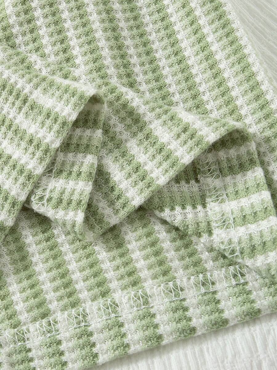 Infant Baby Boy Green White Striped Waffle Knit Polo Shirt and Shorts 2 Piece Casual Outfit Set