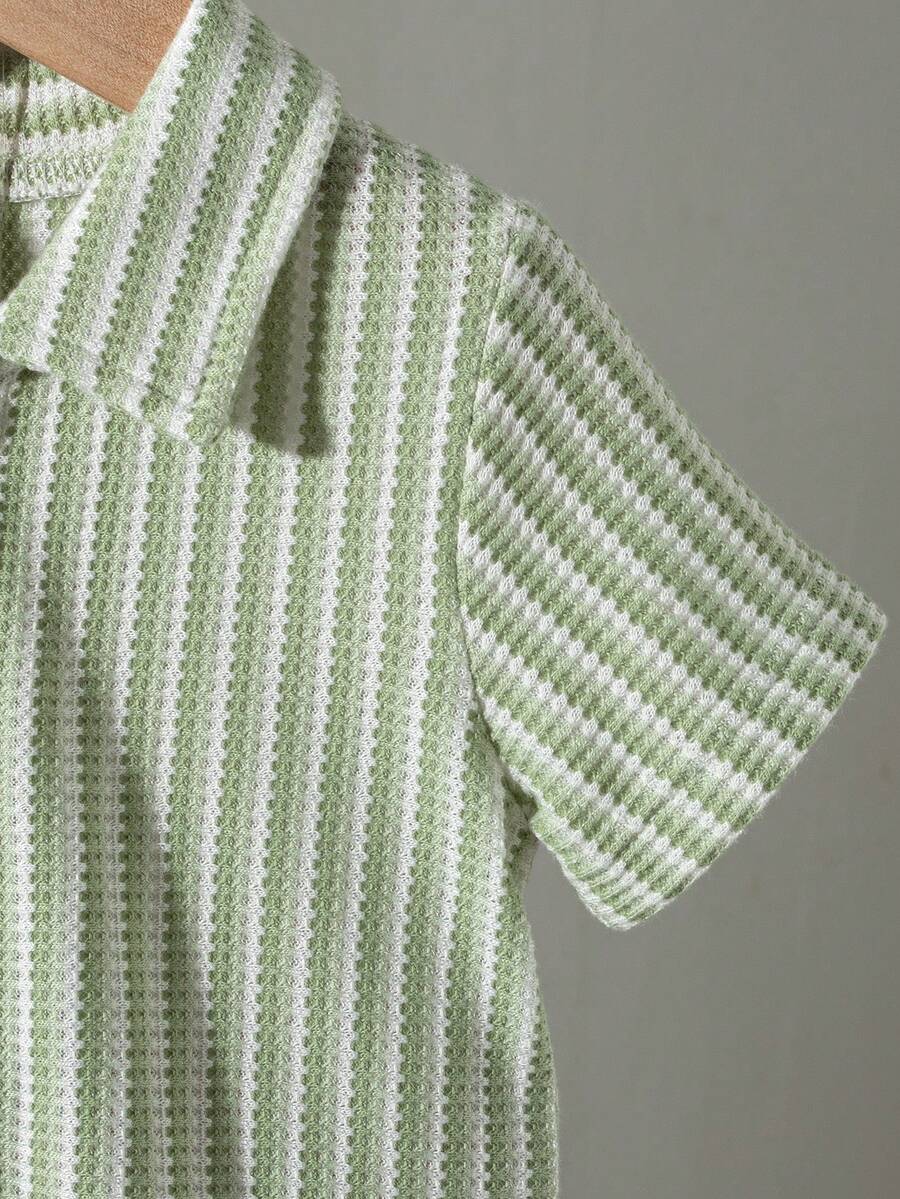 Infant Baby Boy Green White Striped Waffle Knit Polo Shirt and Shorts 2 Piece Casual Outfit Set