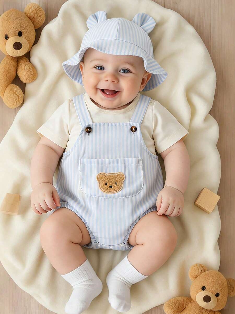 2PCS Baby Boy Striped T Shirt and Bear Suspender Shorts Set for Cute Summer Daily Wear