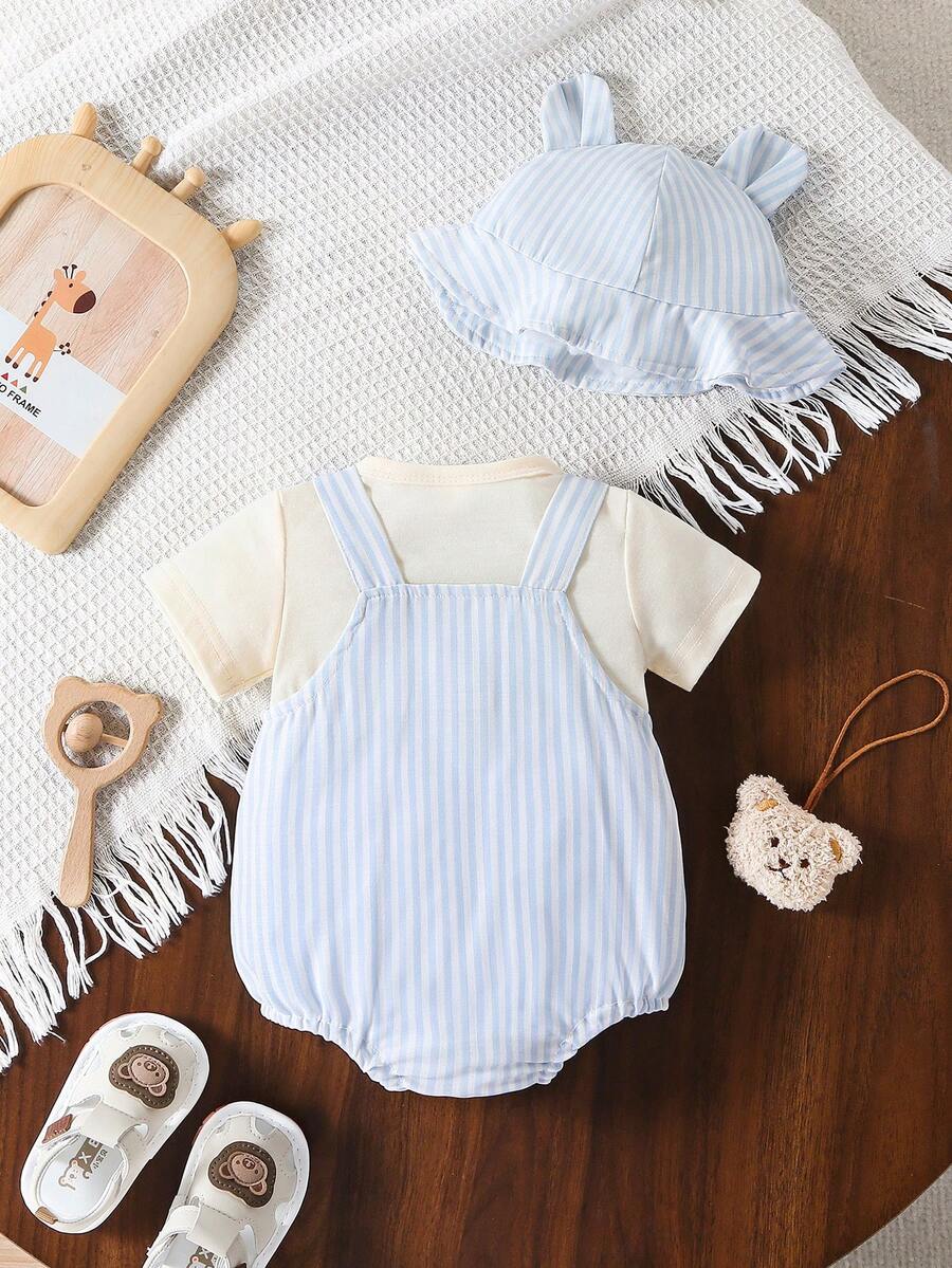 2PCS Baby Boy Striped T Shirt and Bear Suspender Shorts Set for Cute Summer Daily Wear