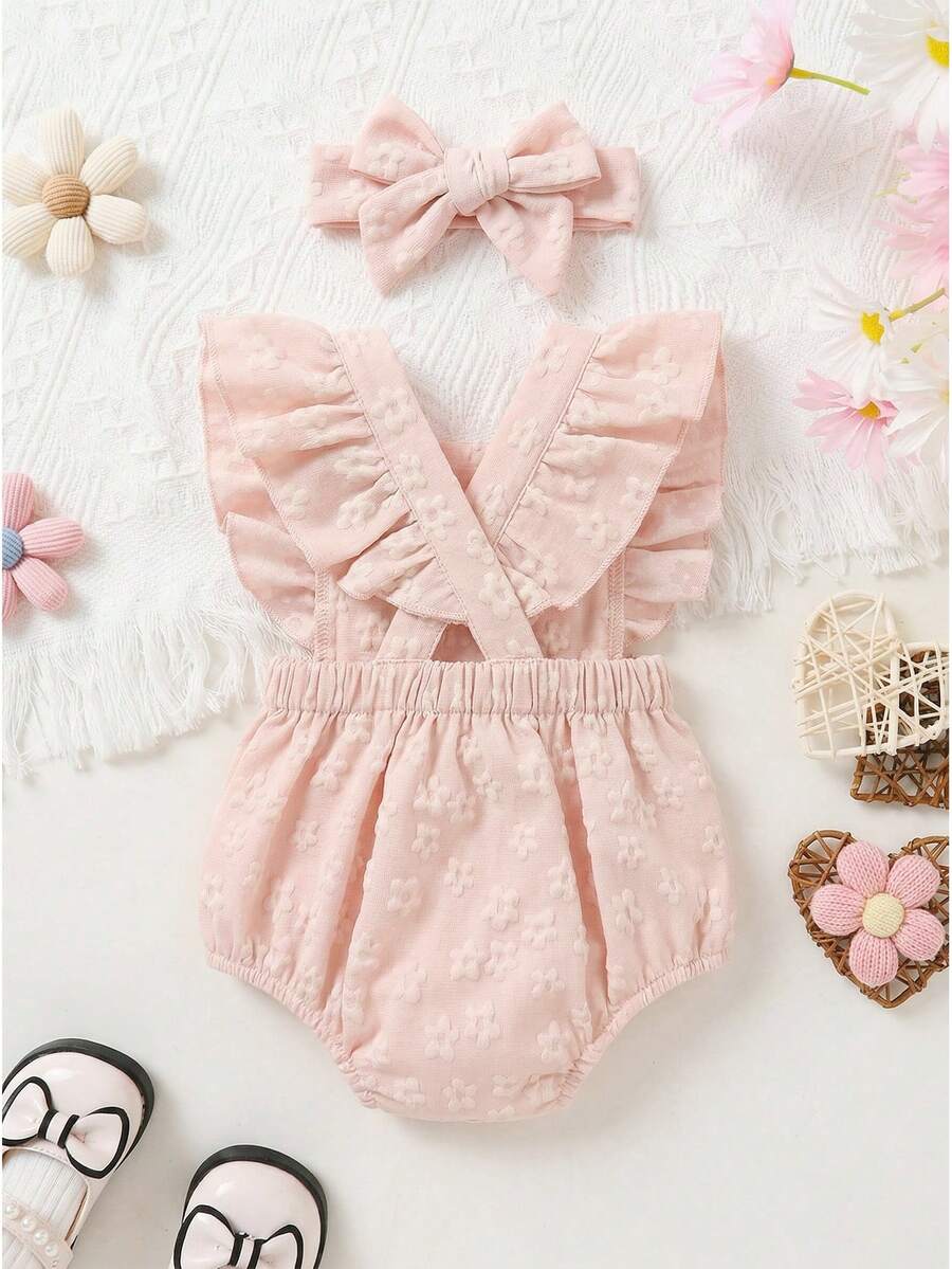 Newborn Baby Girl Jacquard Bow Romper - Ruffled Strap Bodysuit & Headband 2 Piece Set