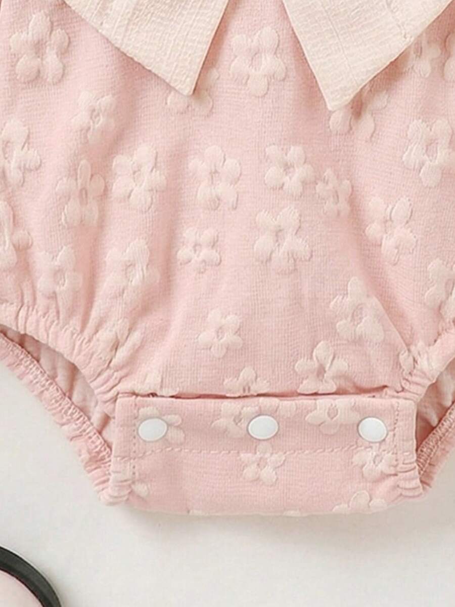 Newborn Baby Girl Jacquard Bow Romper - Ruffled Strap Bodysuit & Headband 2 Piece Set