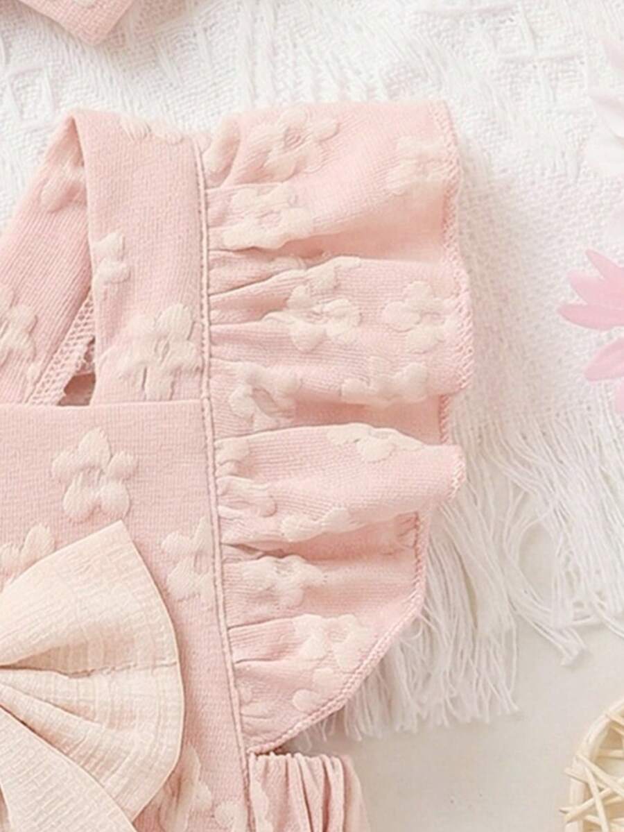 Newborn Baby Girl Jacquard Bow Romper - Ruffled Strap Bodysuit & Headband 2 Piece Set