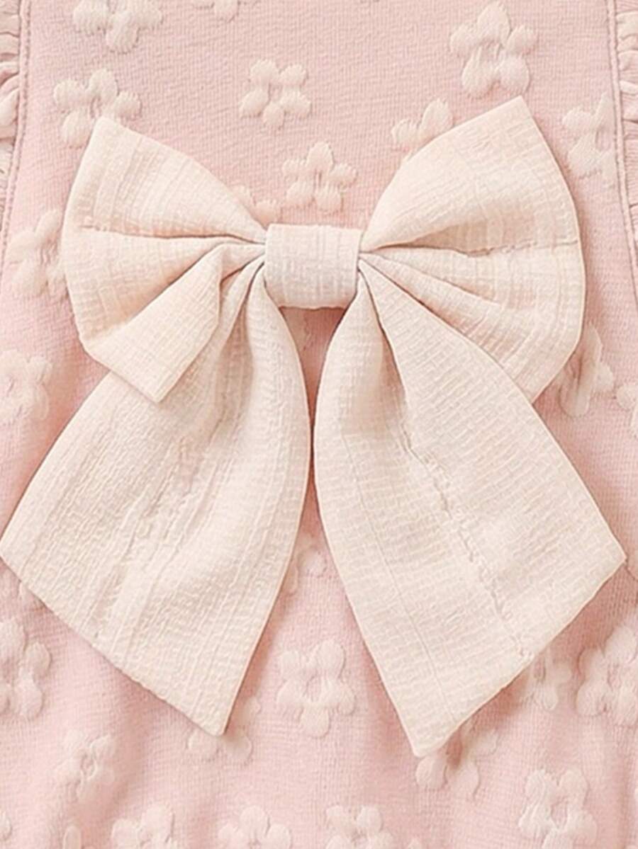 Newborn Baby Girl Jacquard Bow Romper - Ruffled Strap Bodysuit & Headband 2 Piece Set