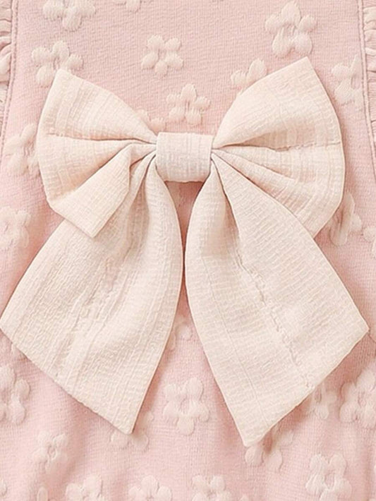 Newborn Baby Girl Jacquard Bow Romper - Ruffled Strap Bodysuit & Headband 2 Piece Set