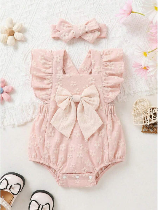 Newborn Baby Girl Jacquard Bow Romper - Ruffled Strap Bodysuit & Headband 2 Piece Set