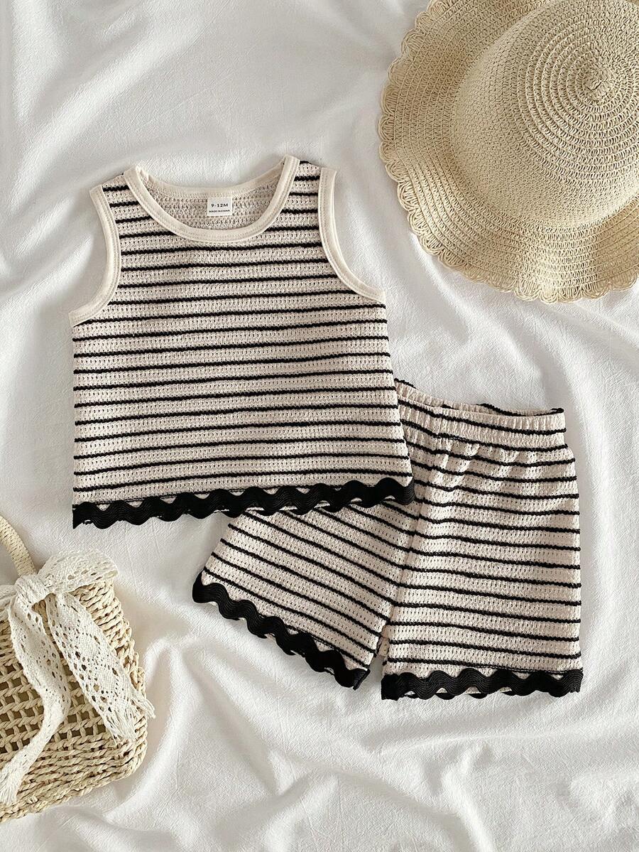 Two Piece Summer Clothing Set For Kids Girls Floral Knit Top And Shorts