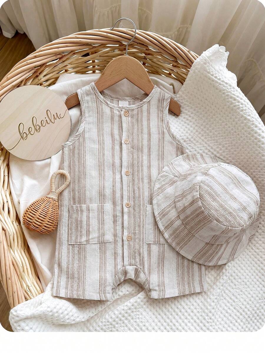Unisex Baby Green White Striped Sleeveless Jumpsuit and Bucket Hat 2 Piece Summer Vacation Outfit Set