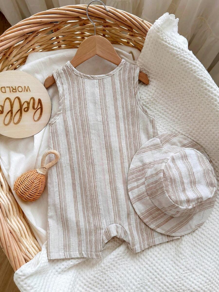 Unisex Baby Green White Striped Sleeveless Jumpsuit and Bucket Hat 2 Piece Summer Vacation Outfit Set