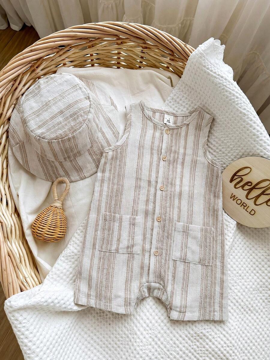 Unisex Baby Green White Striped Sleeveless Jumpsuit and Bucket Hat 2 Piece Summer Vacation Outfit Set