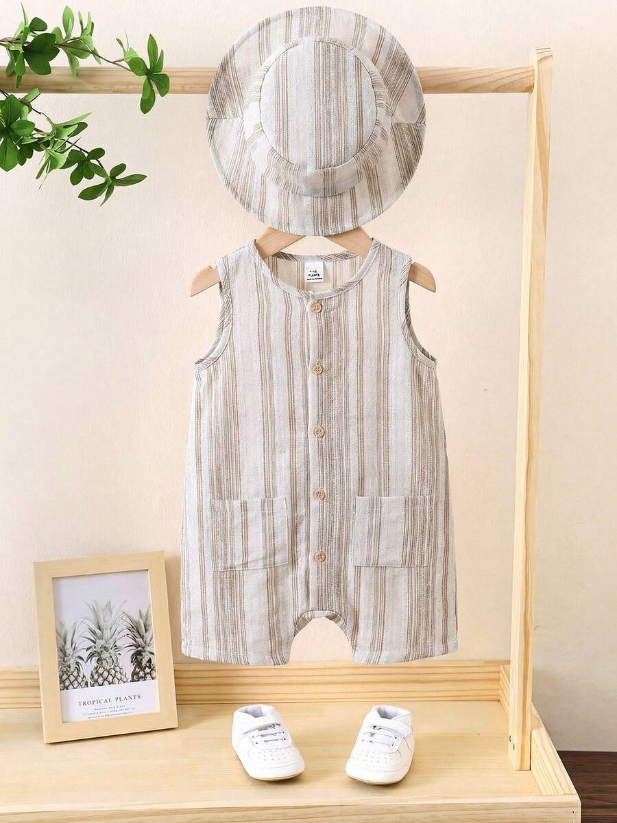 Unisex Baby Green White Striped Sleeveless Jumpsuit and Bucket Hat 2 Piece Summer Vacation Outfit Set