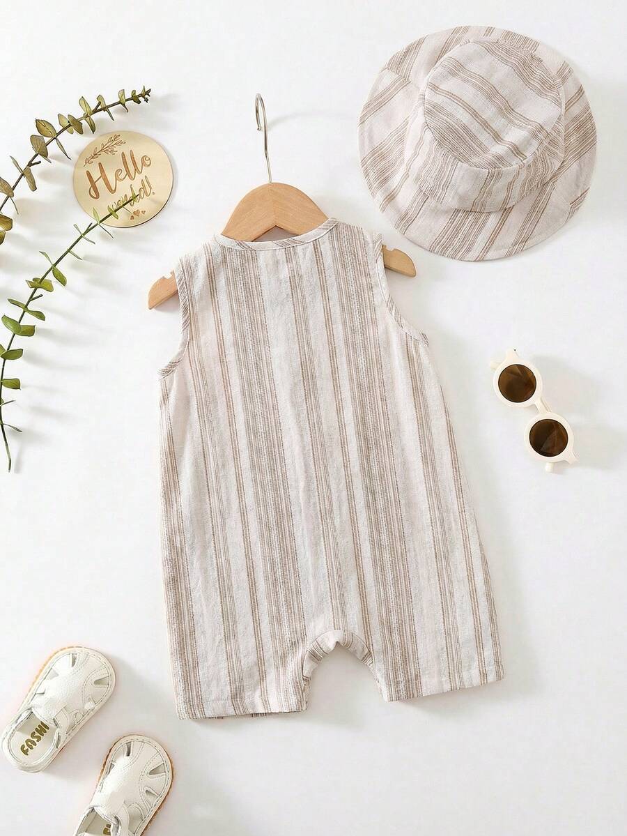 Unisex Baby Green White Striped Sleeveless Jumpsuit and Bucket Hat 2 Piece Summer Vacation Outfit Set