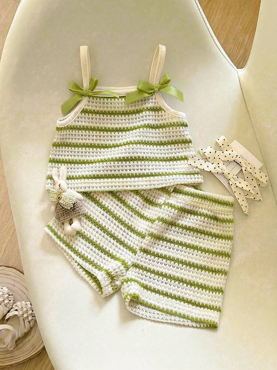 Striped Knit Camisole And Shorts Set For Baby Girls Summer Vacation Wear