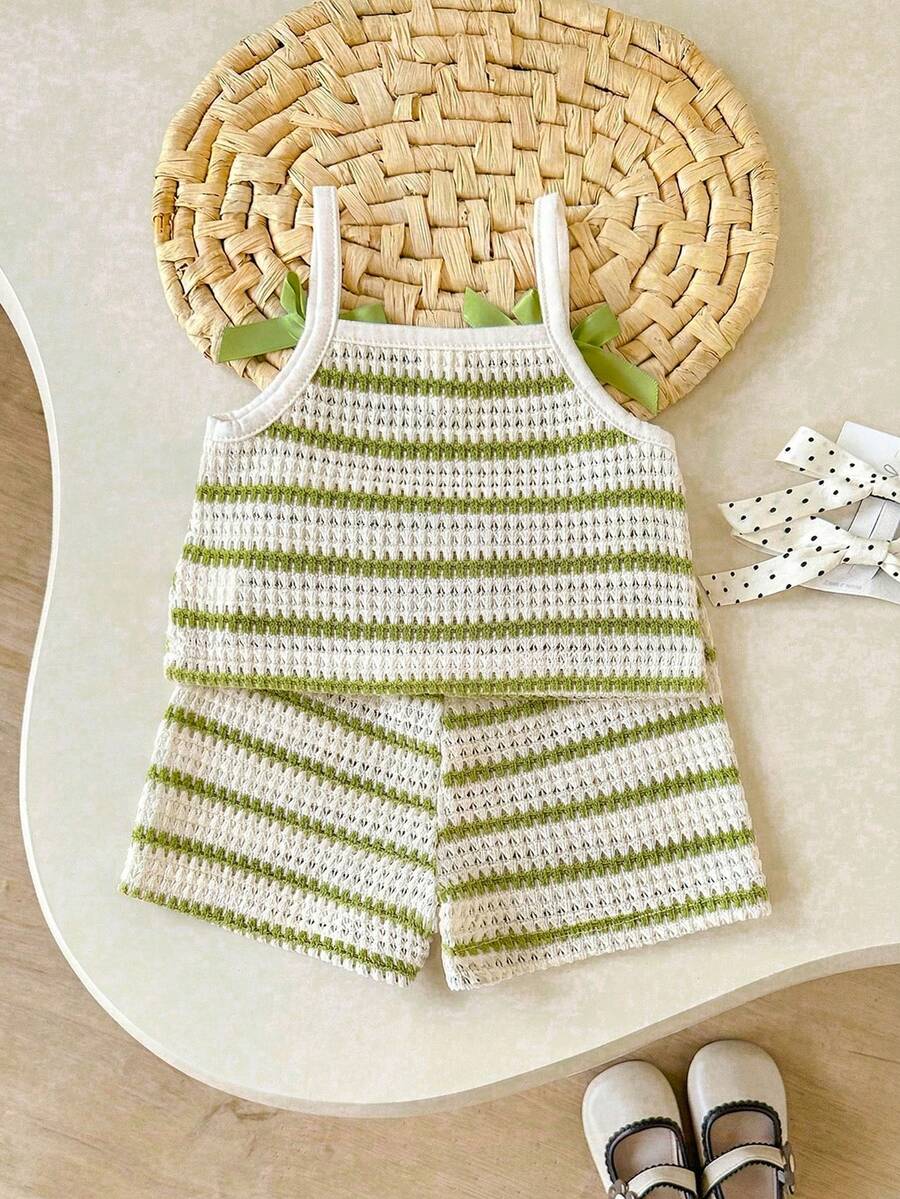 Striped Knit Camisole And Shorts Set For Baby Girls Summer Vacation Wear
