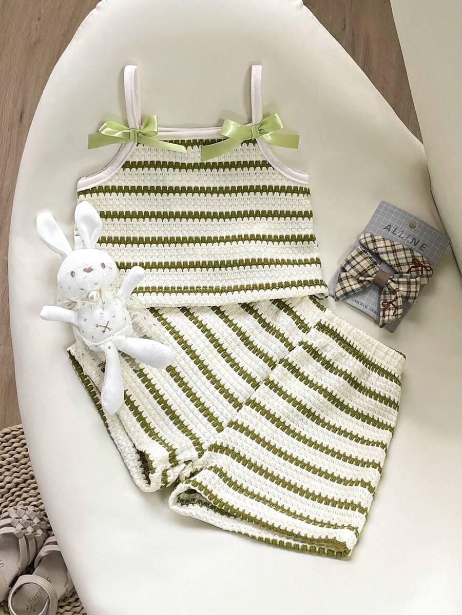 Striped Knit Camisole And Shorts Set For Baby Girls Summer Vacation Wear