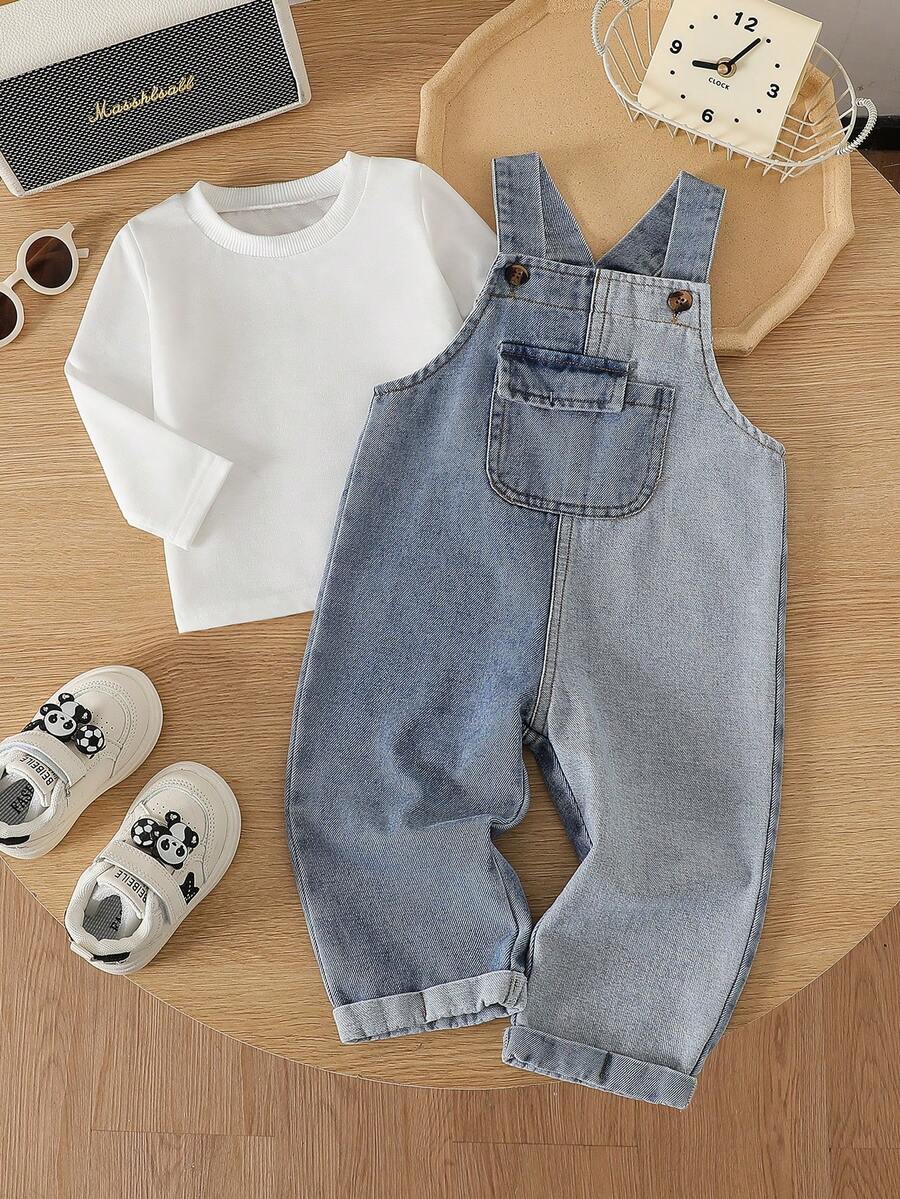 Baby Boy Solid Tee and Roll Up Hem Denim Overall Jumpsuit Casual Spring Summer Outfit Set