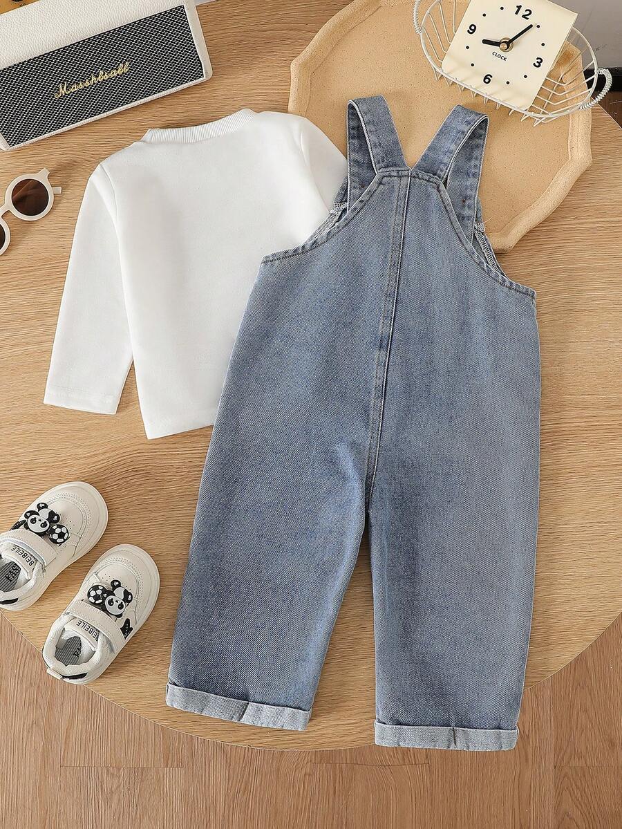 Baby Boy Solid Tee and Roll Up Hem Denim Overall Jumpsuit Casual Spring Summer Outfit Set