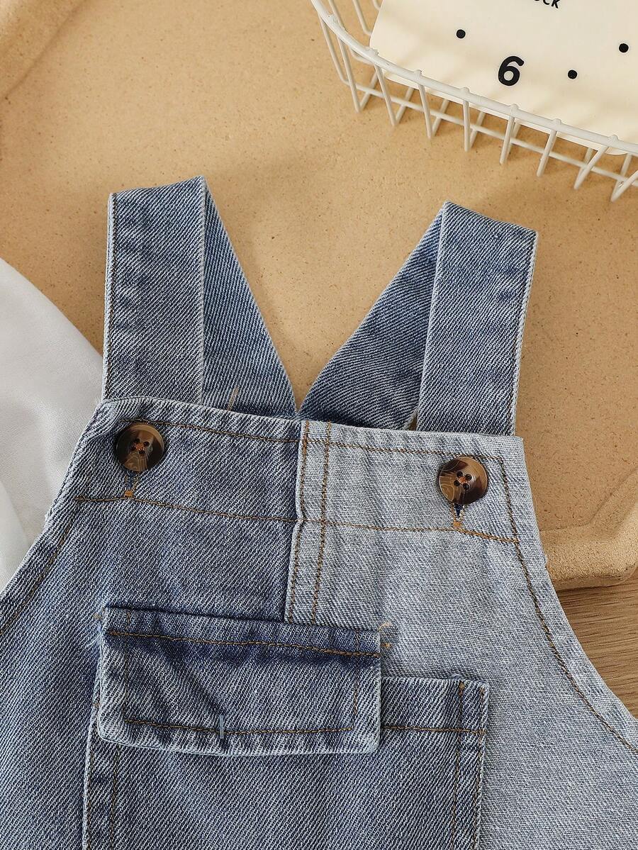 Baby Boy Solid Tee and Roll Up Hem Denim Overall Jumpsuit Casual Spring Summer Outfit Set