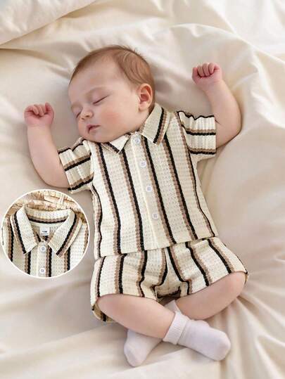 2PCS Baby Knitted Jacquard Shirt and Shorts Set for Casual Summer Outings