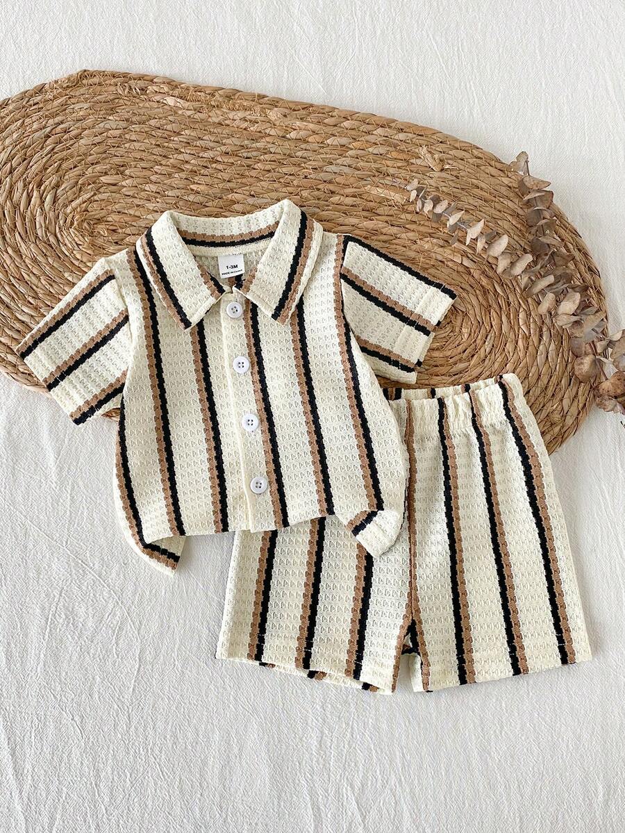 2PCS Baby Knitted Jacquard Shirt and Shorts Set for Casual Summer Outings