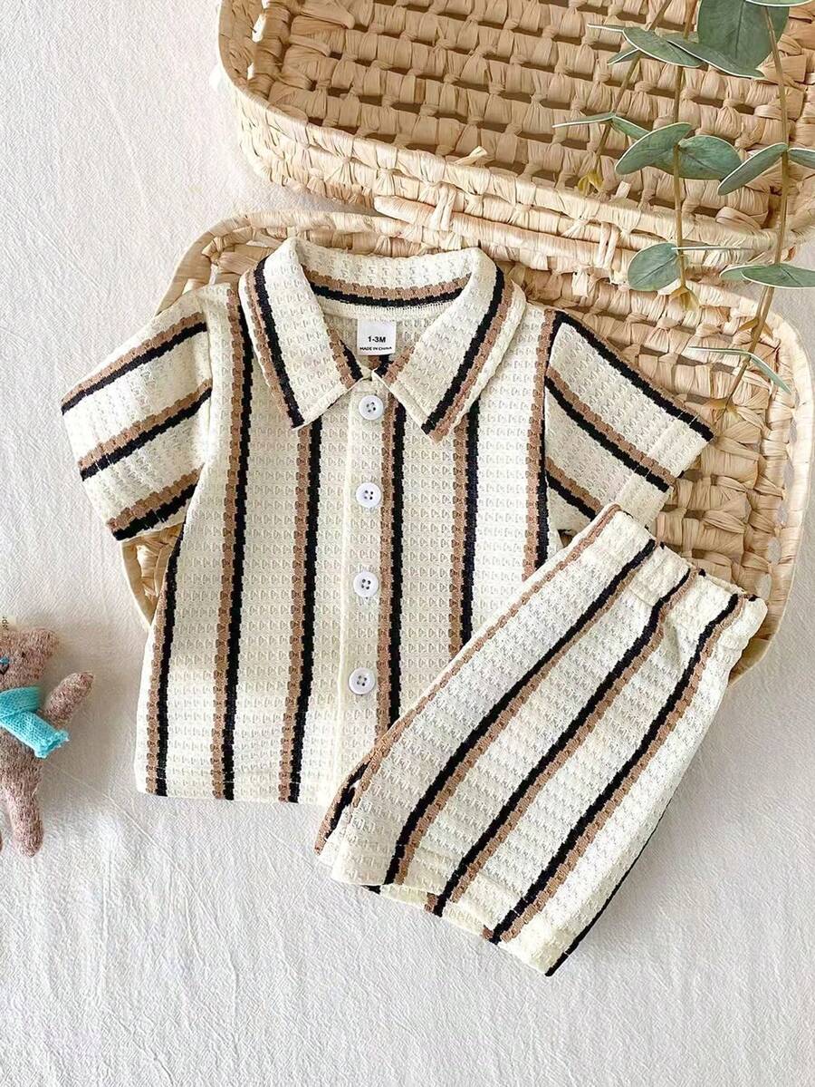 2PCS Baby Knitted Jacquard Shirt and Shorts Set for Casual Summer Outings