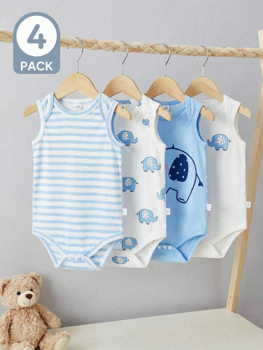 4PCS Baby Elephant Striped Print Short Sleeve Romper Set for Daily Wear and Playtime