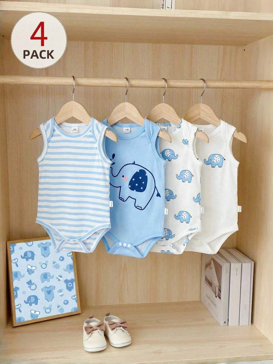 4PCS Baby Elephant Striped Print Short Sleeve Romper Set for Daily Wear and Playtime