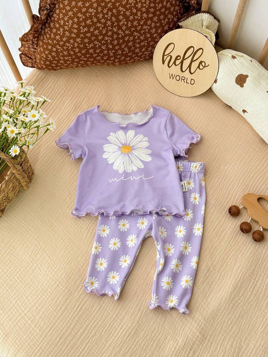 2PCS Baby Daisy Print T-Shirt and Shorts Set for Summer Daily Wear