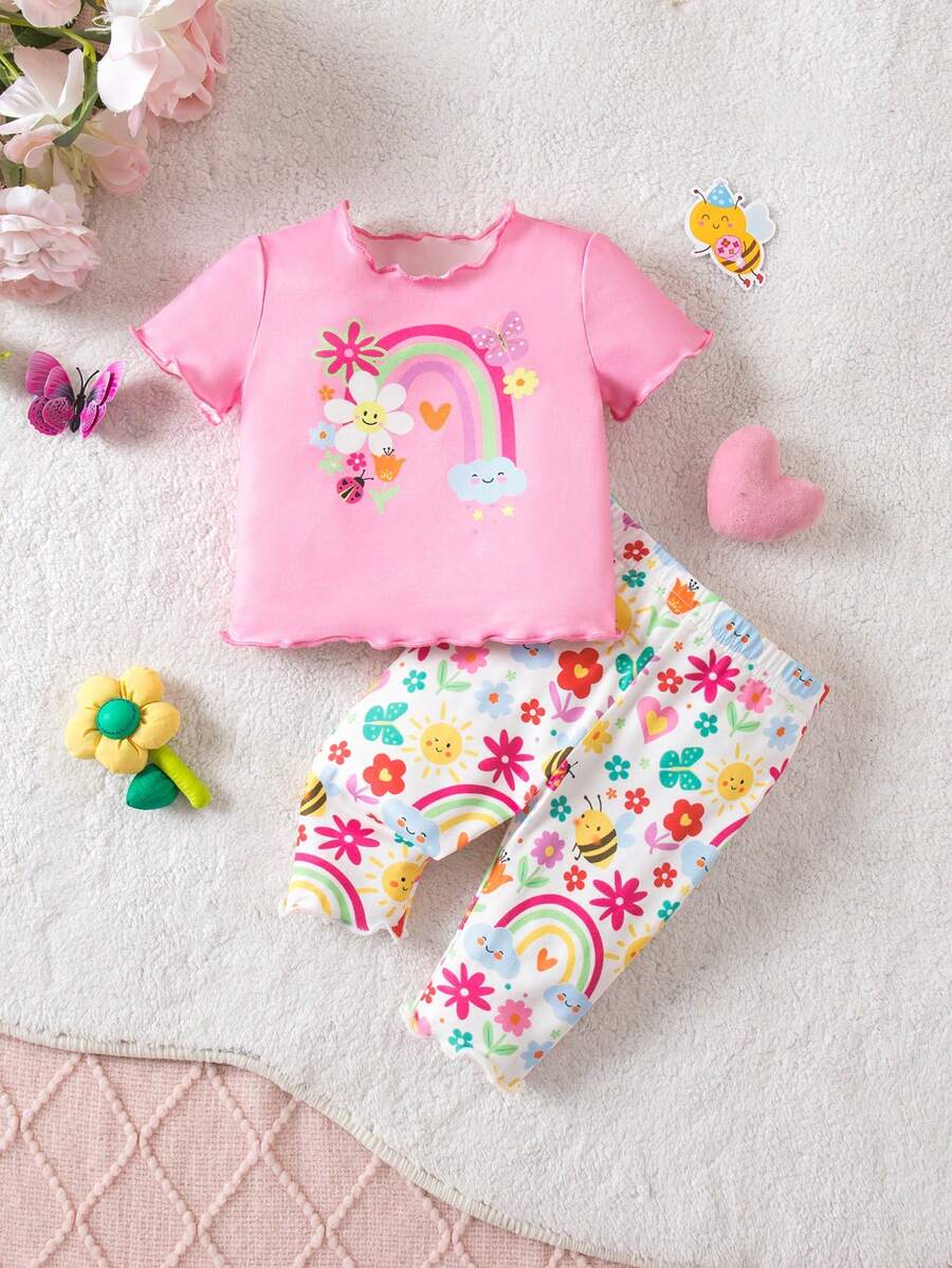 2PCS Baby Daisy Print T-Shirt and Shorts Set for Summer Daily Wear