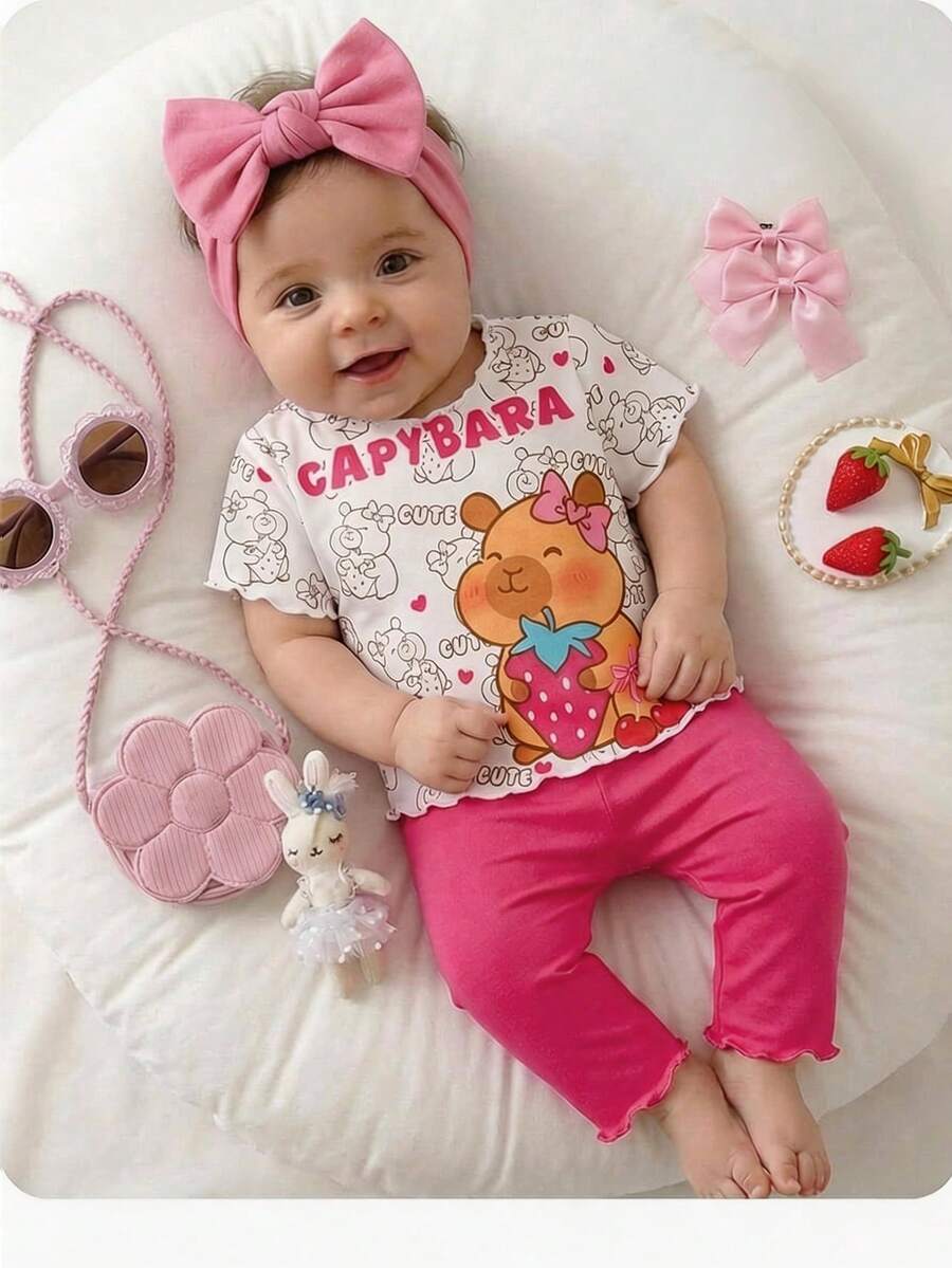 2PCS Baby Daisy Print T-Shirt and Shorts Set for Summer Daily Wear