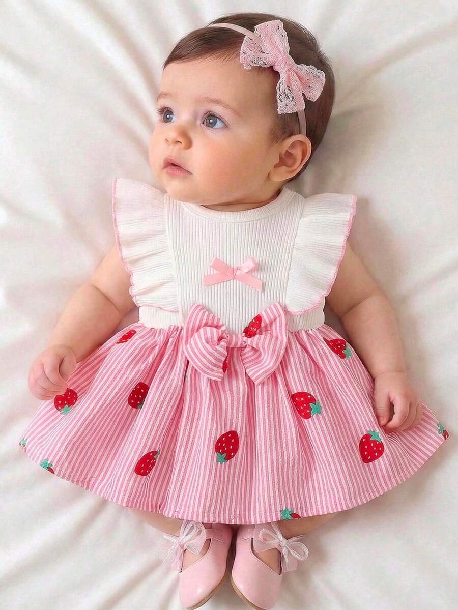Baby Lace Collar Pink Bow Dress for Elegant Retro Summer Wear
