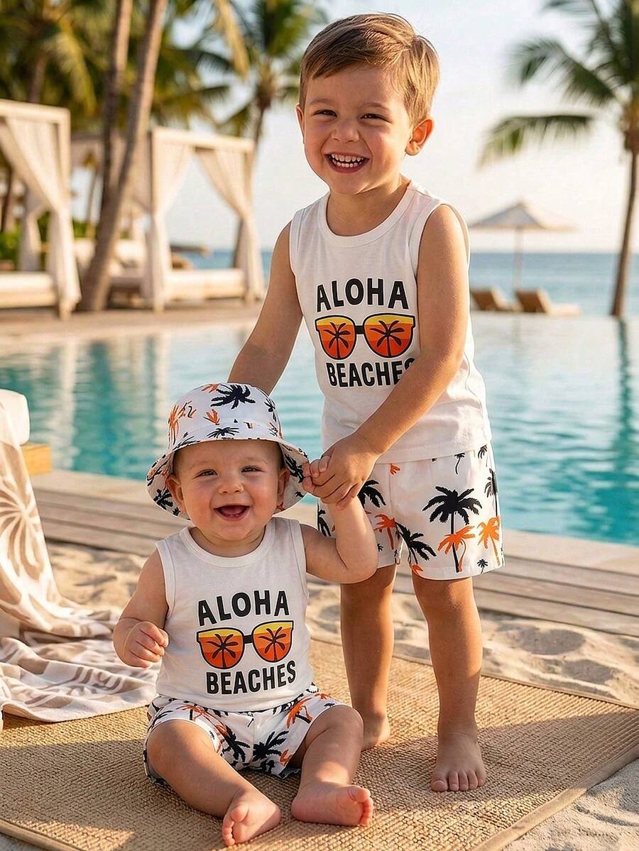 Baby Boy Letter Print Top Coconut Tree Print Shorts and Hat 3 Piece Summer Beach Vacation Outfit Set