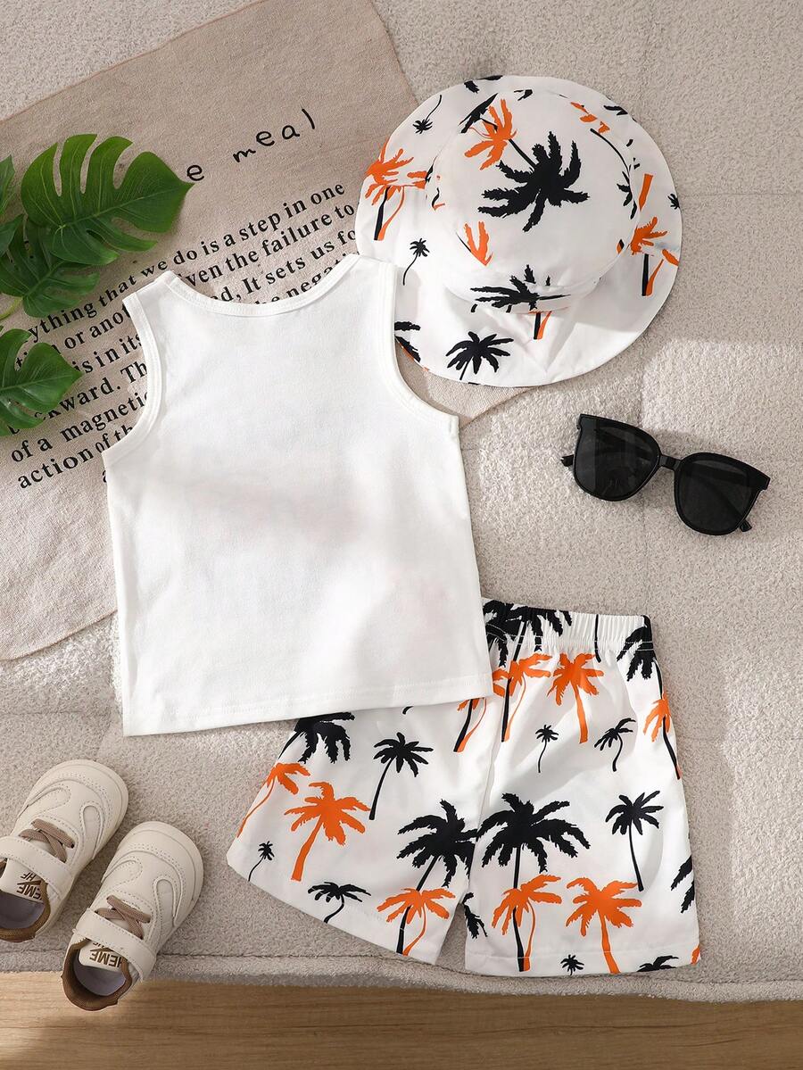 Baby Boy Letter Print Top Coconut Tree Print Shorts and Hat 3 Piece Summer Beach Vacation Outfit Set