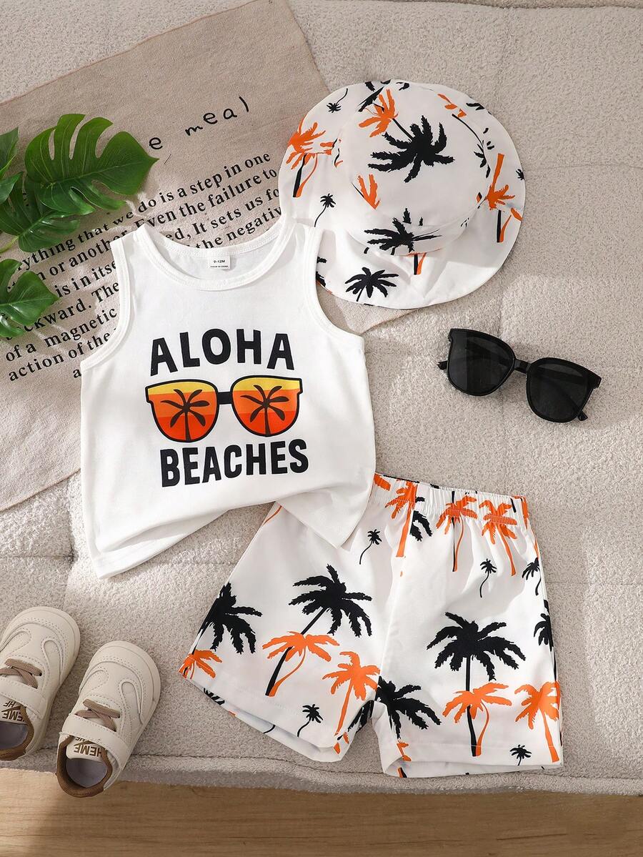 Baby Boy Letter Print Top Coconut Tree Print Shorts and Hat 3 Piece Summer Beach Vacation Outfit Set