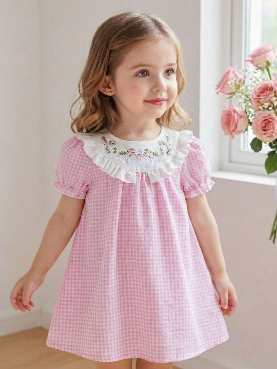 Infant Girl Peter Pan Collar Floral Embroidered Summer Dress for Casual Wear