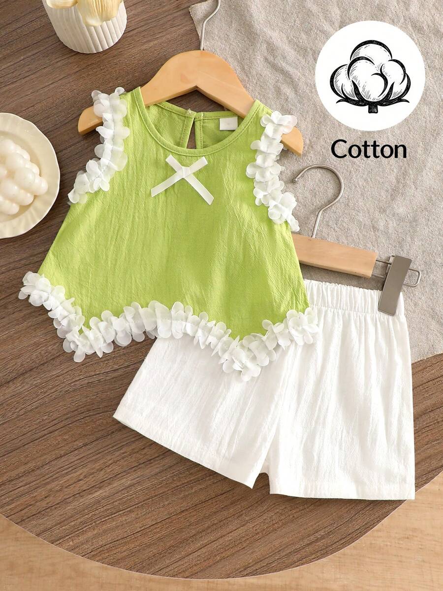 Light Green Vest Top And Apricot Shorts Set For Toddler Girls Vacation Wear