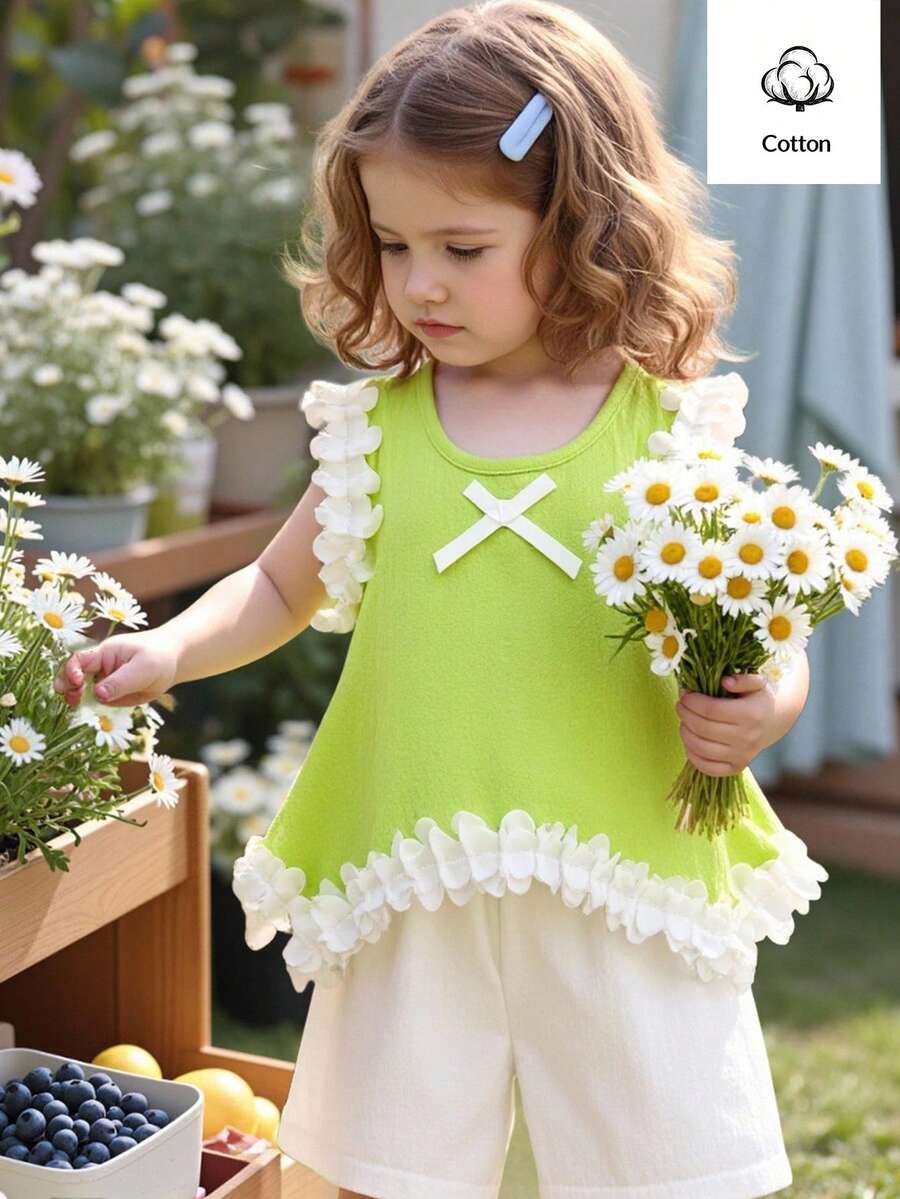 Light Green Vest Top And Apricot Shorts Set For Toddler Girls Vacation Wear