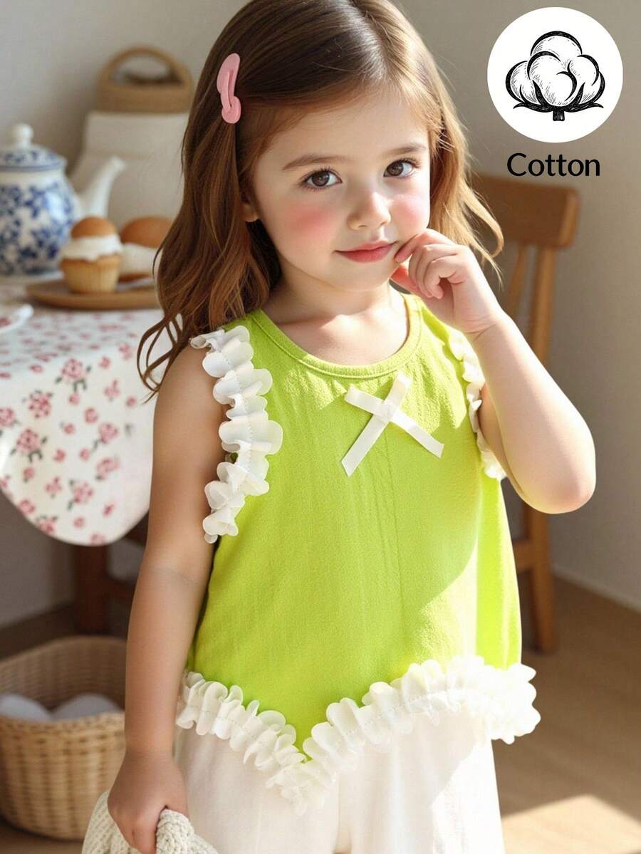 Light Green Vest Top And Apricot Shorts Set For Toddler Girls Vacation Wear