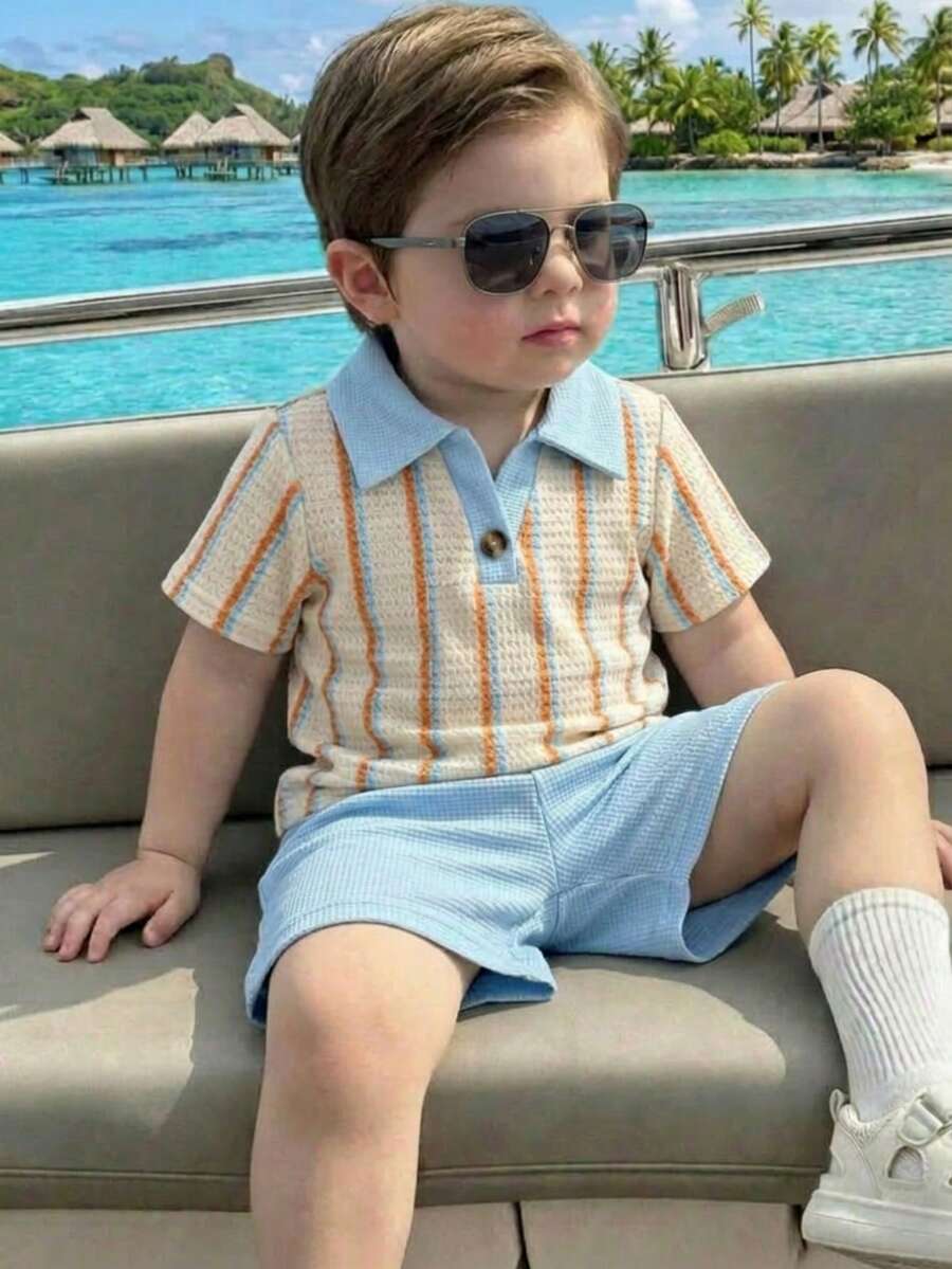 Playful Pals Baby Boy Khaki OOTD: Textured V-Neck and Striped Outfit