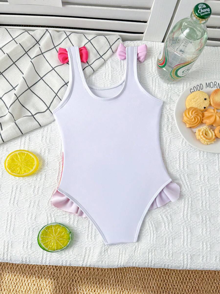 Baby Girls Cartoon Graphic One Piece Swimsuit With Bow Front And Ruffle Trim
