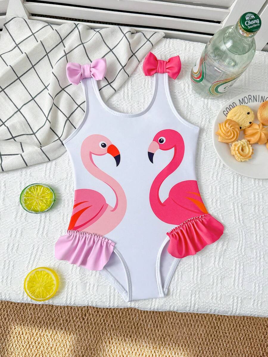 Baby Girls Cartoon Graphic One Piece Swimsuit With Bow Front And Ruffle Trim
