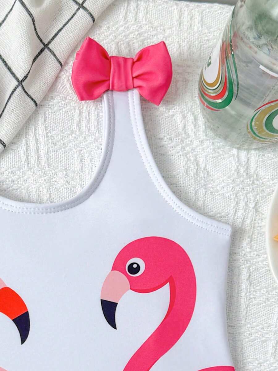 Baby Girls Cartoon Graphic One Piece Swimsuit With Bow Front And Ruffle Trim