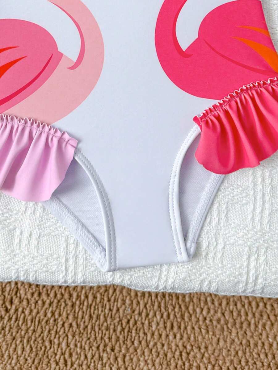 Baby Girls Cartoon Graphic One Piece Swimsuit With Bow Front And Ruffle Trim
