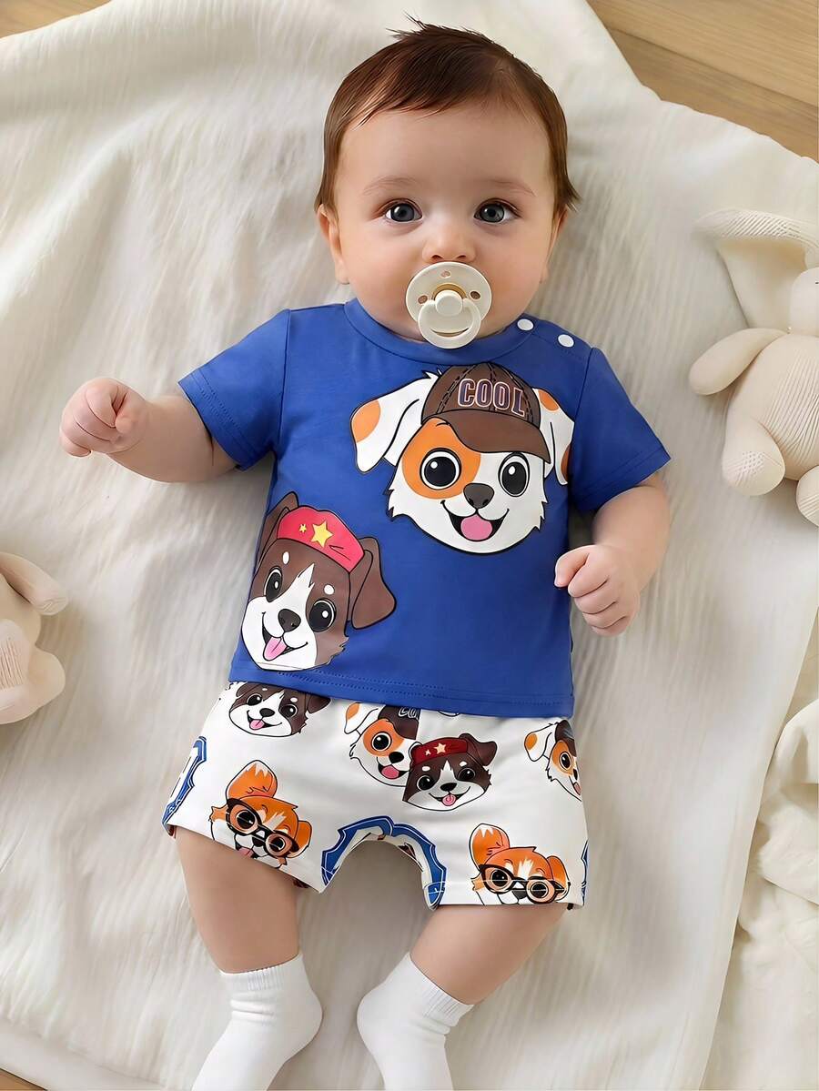 Newborn Boy & Girl Summer Knit Outfit -Cute Cartoon Bear Striped Shirt & Shorts Set