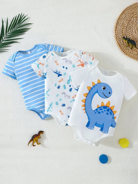 Unisex Newborn Baby Dinosaur Print Short Sleeve Romper 3 Piece Casual Summer Outfit Set