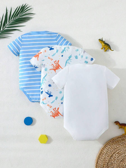 Unisex Newborn Baby Dinosaur Print Short Sleeve Romper 3 Piece Casual Summer Outfit Set